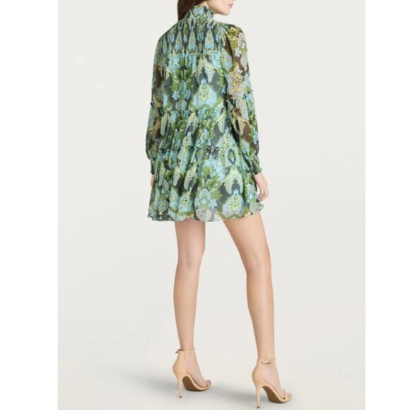 CINQ À SEPT 'Rika' Damask-Print Tiered Georgette Mini-Dress, Light Cyan Multi - Picture 3 of 3